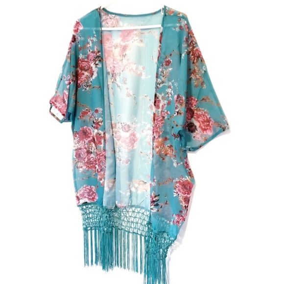 NWOT Green Chiffon Kimono Bathing Suit Cover Up - Picture 6 of 8